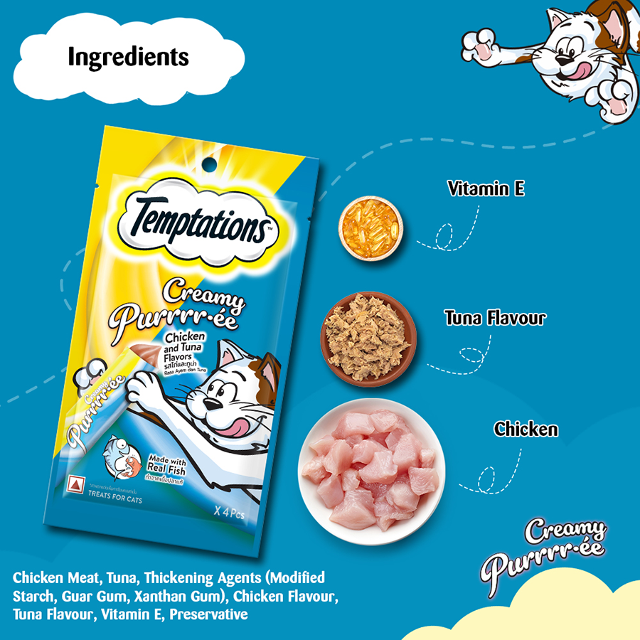 Temptations Creamy Purrrr-ee Cat Treats, Chicken & Tuna Flavors  48g (4 pieces)