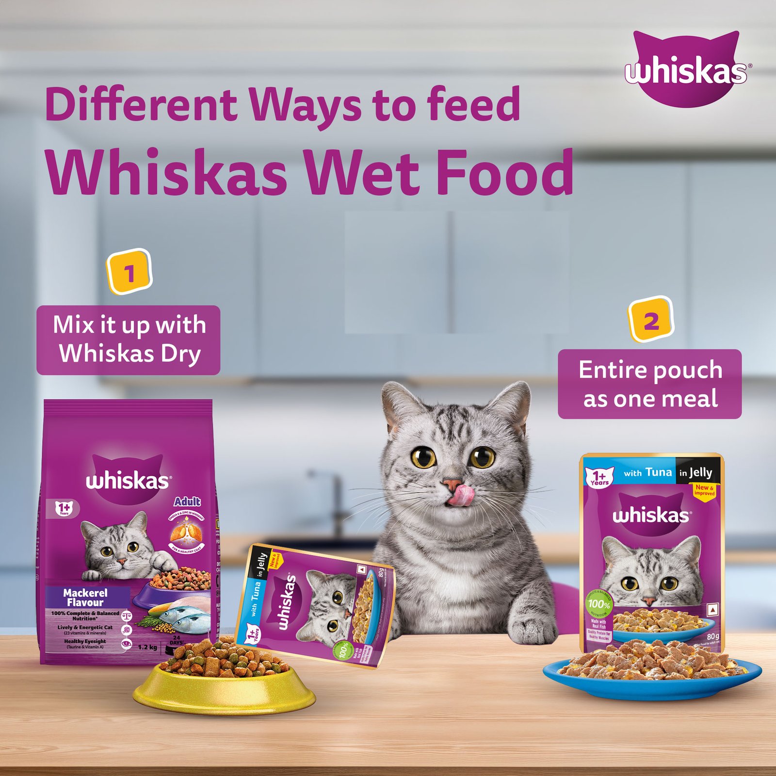 Whiskas Wet Cat Food for Adult Cats (1+Years), Tuna in Jelly Flavour,  80g