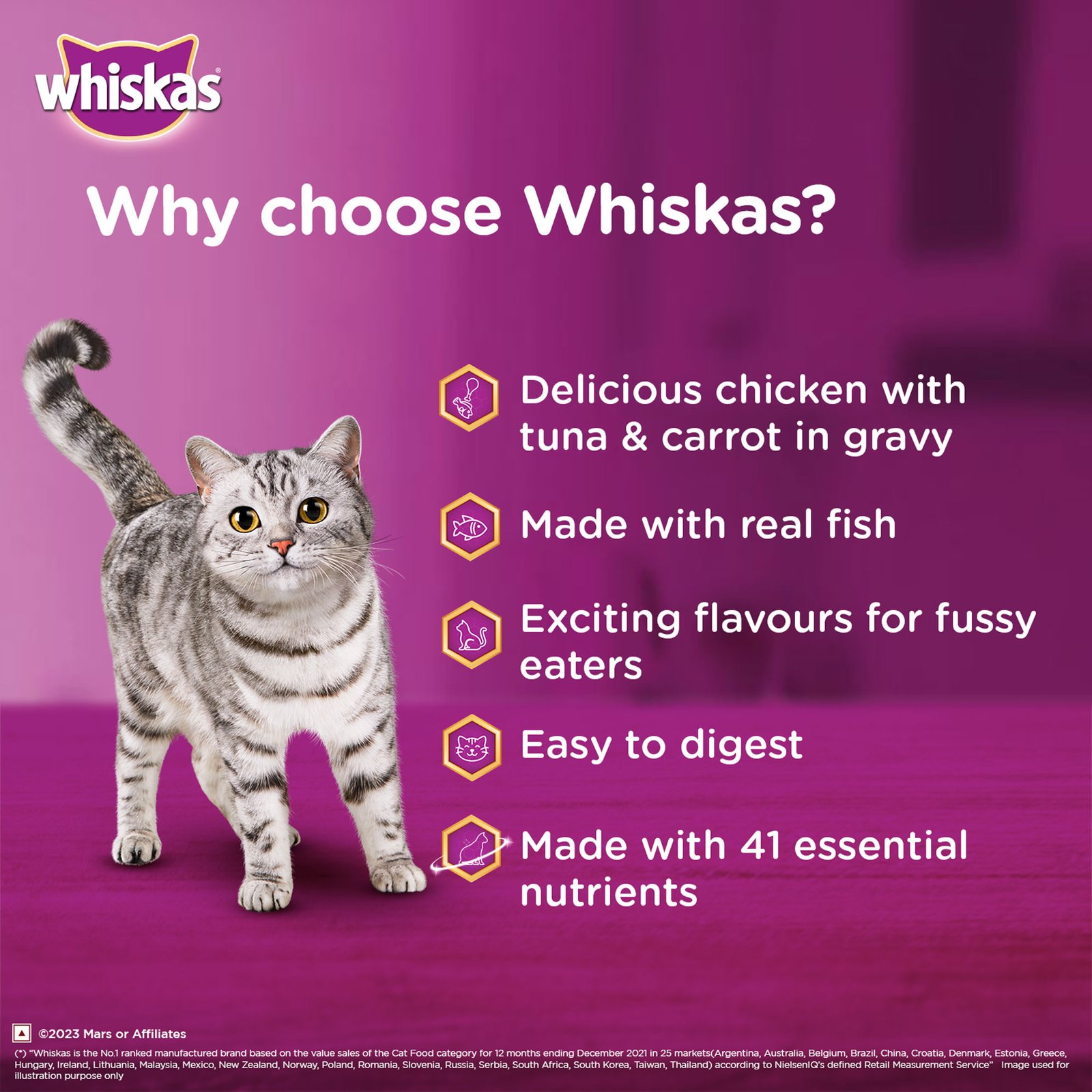 Whiskas Tasty Mix Adult (1+ year) Wet Cat Food, Chicken with Tuna & Carrot in Gravy, 70 g