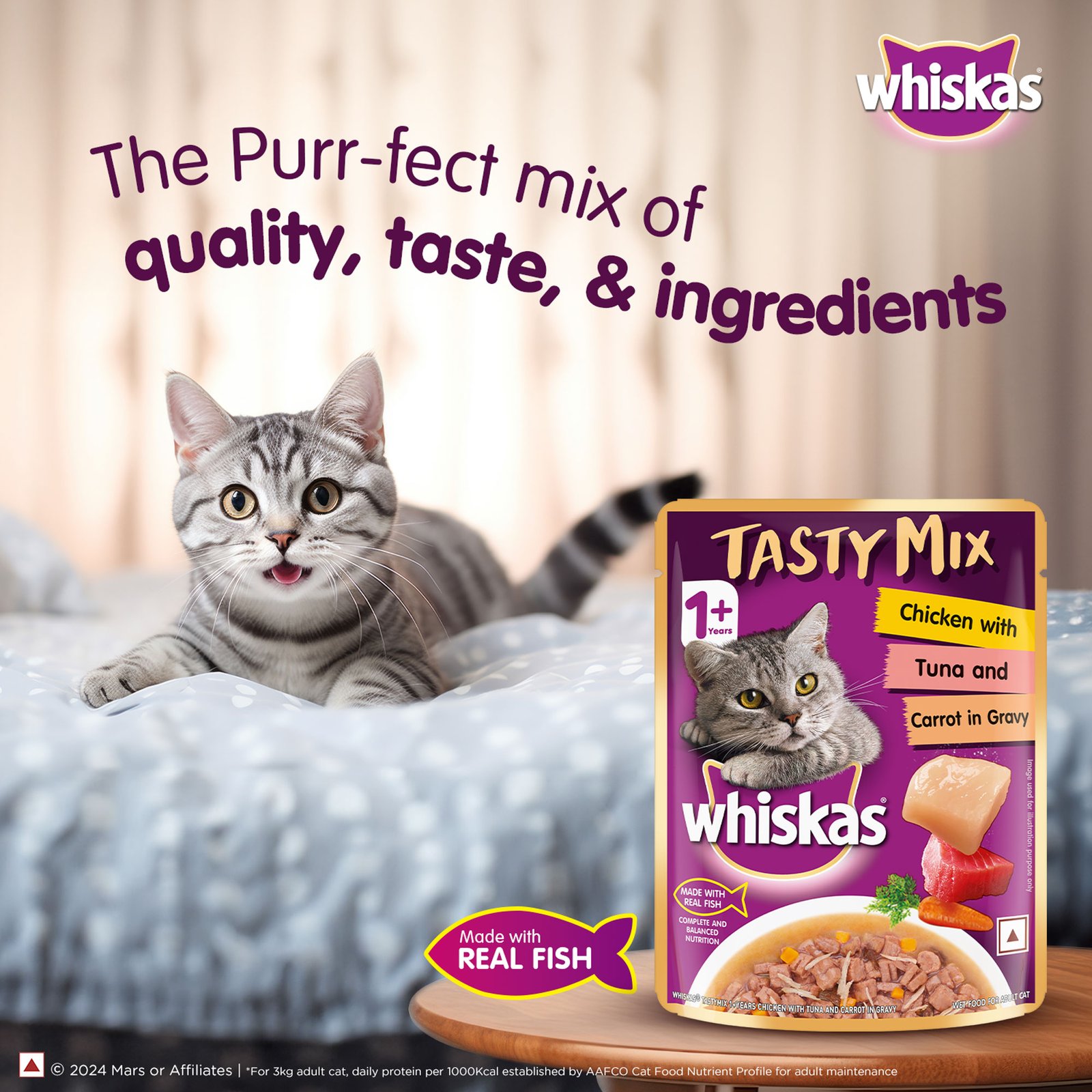 Whiskas Tasty Mix Adult (1+ year) Wet Cat Food, Chicken with Tuna & Carrot in Gravy, 70 g