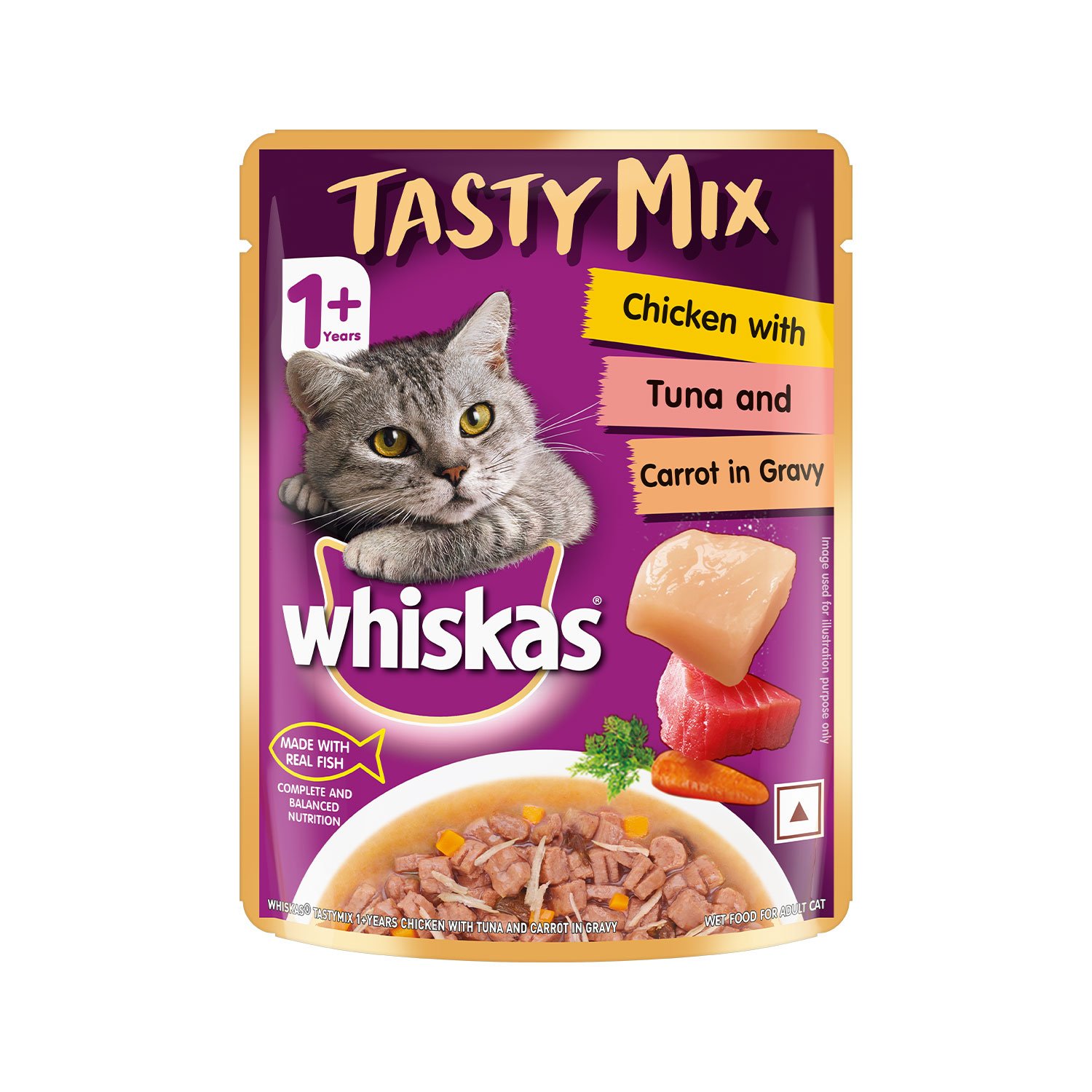 Whiskas Tasty Mix Adult (1+ year) Wet Cat Food, Chicken with Tuna & Carrot in Gravy, 70 g