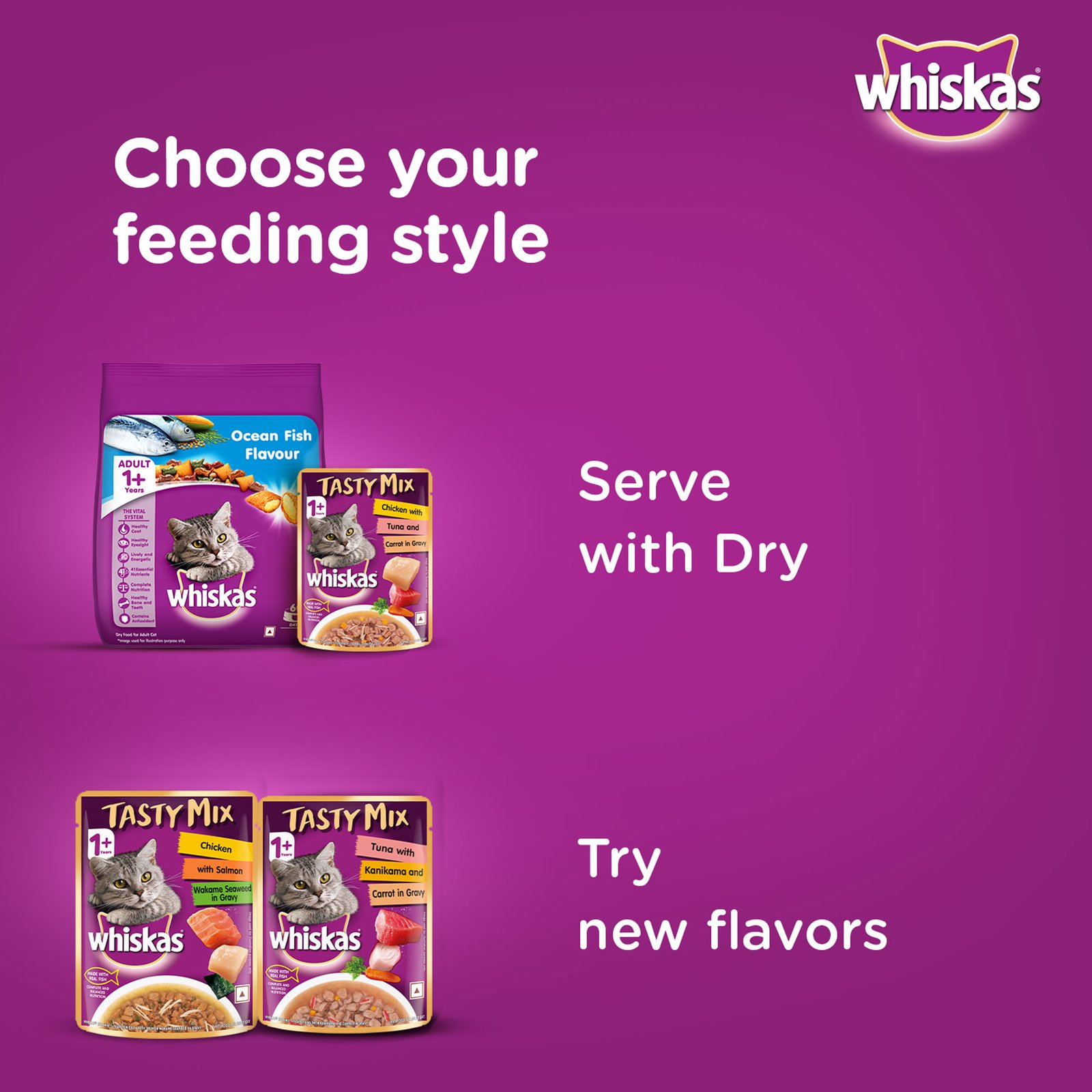 Whiskas Tasty Mix Adult (1+ year) Wet Cat Food, Chicken with Tuna & Carrot in Gravy, 70 g