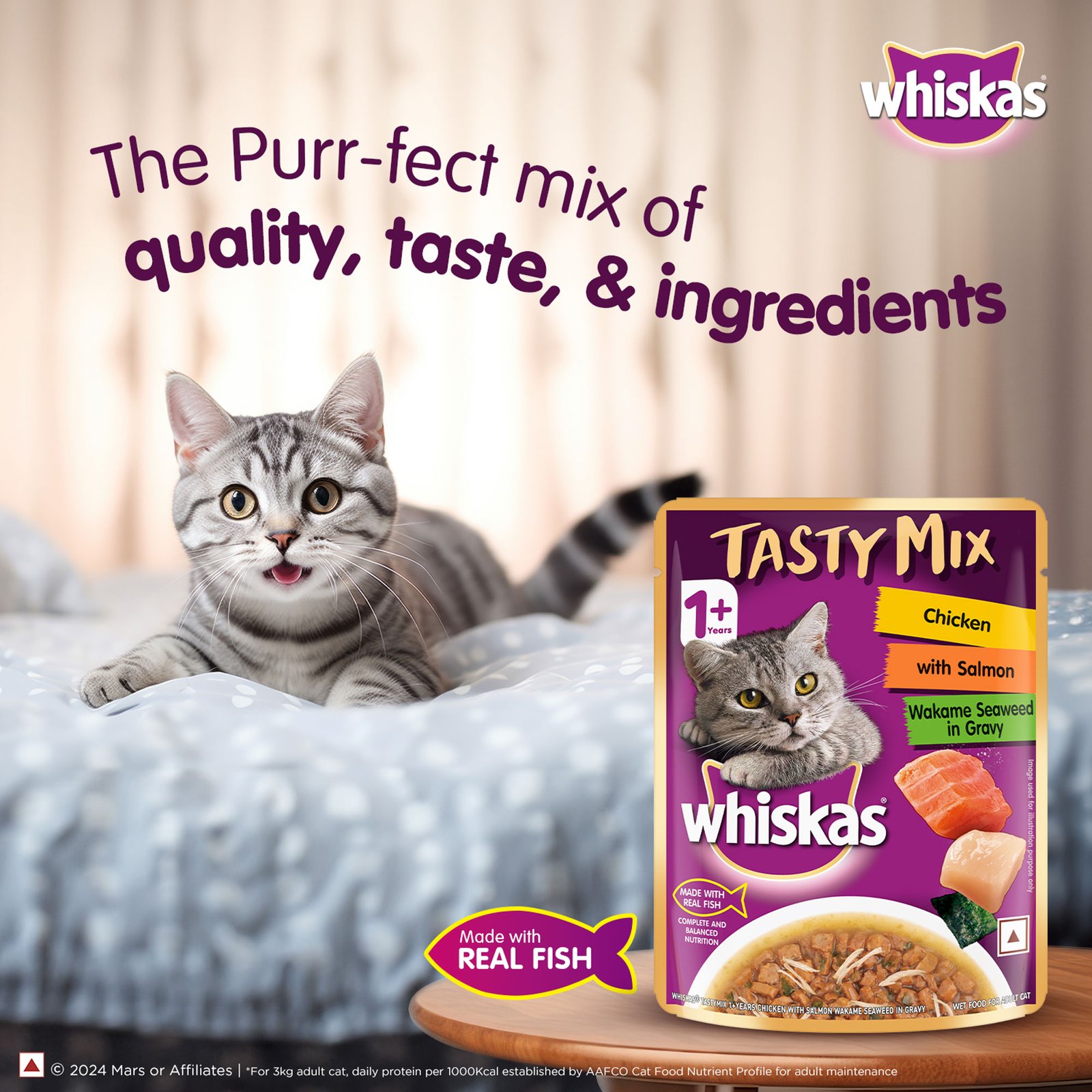 Whiskas Tasty Mix Adult (1+ year) Wet Cat Food, Chicken With Salmon Wakame Seaweed in Gravy, 70 g