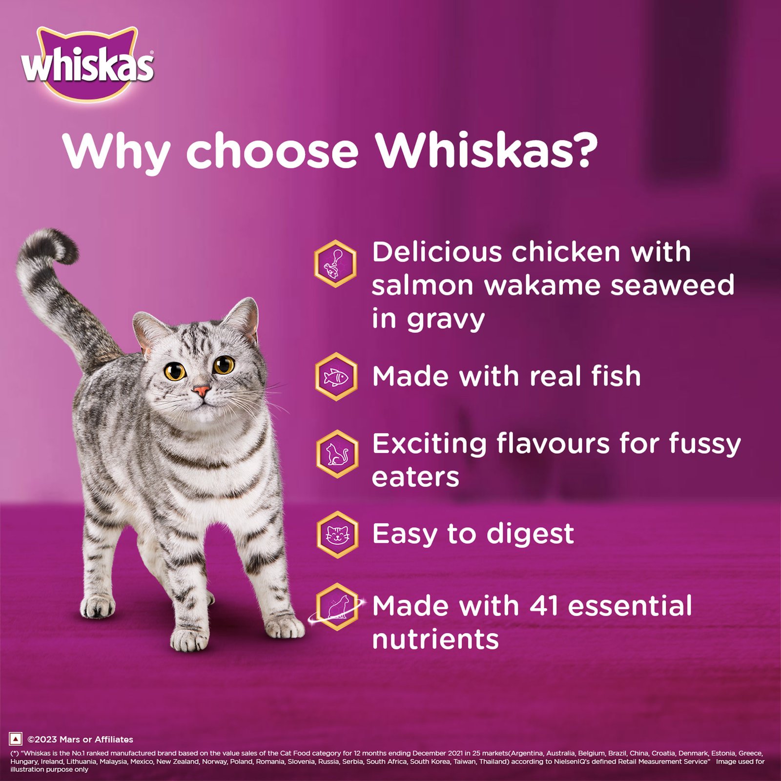 Whiskas Tasty Mix Adult (1+ year) Wet Cat Food, Chicken With Salmon Wakame Seaweed in Gravy, 70 g
