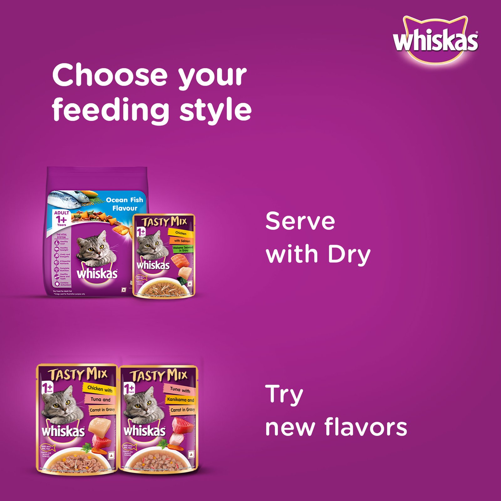 Whiskas Tasty Mix Adult (1+ year) Wet Cat Food, Chicken With Salmon Wakame Seaweed in Gravy, 70 g