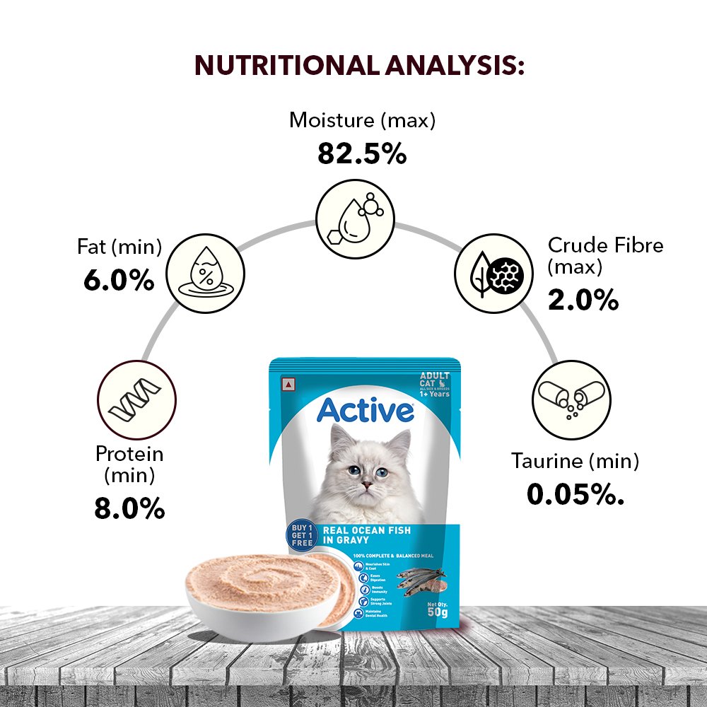 Active Adult Cat Wet Food, Real Ocean Fish in Gravy, 8 Pouches, 50g x 8 (Buy 1 Get 1 Free )