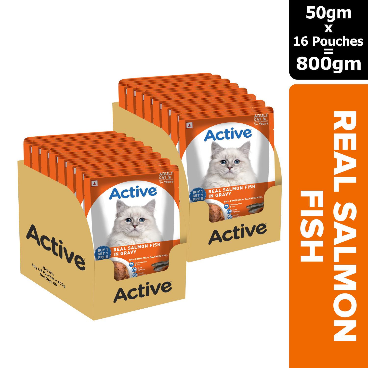 Active Adult Cat Wet Food, Real Salmon Fish in Gravy, 8 Pouches, 50g x 8 (Buy 1 Get 1 Free )