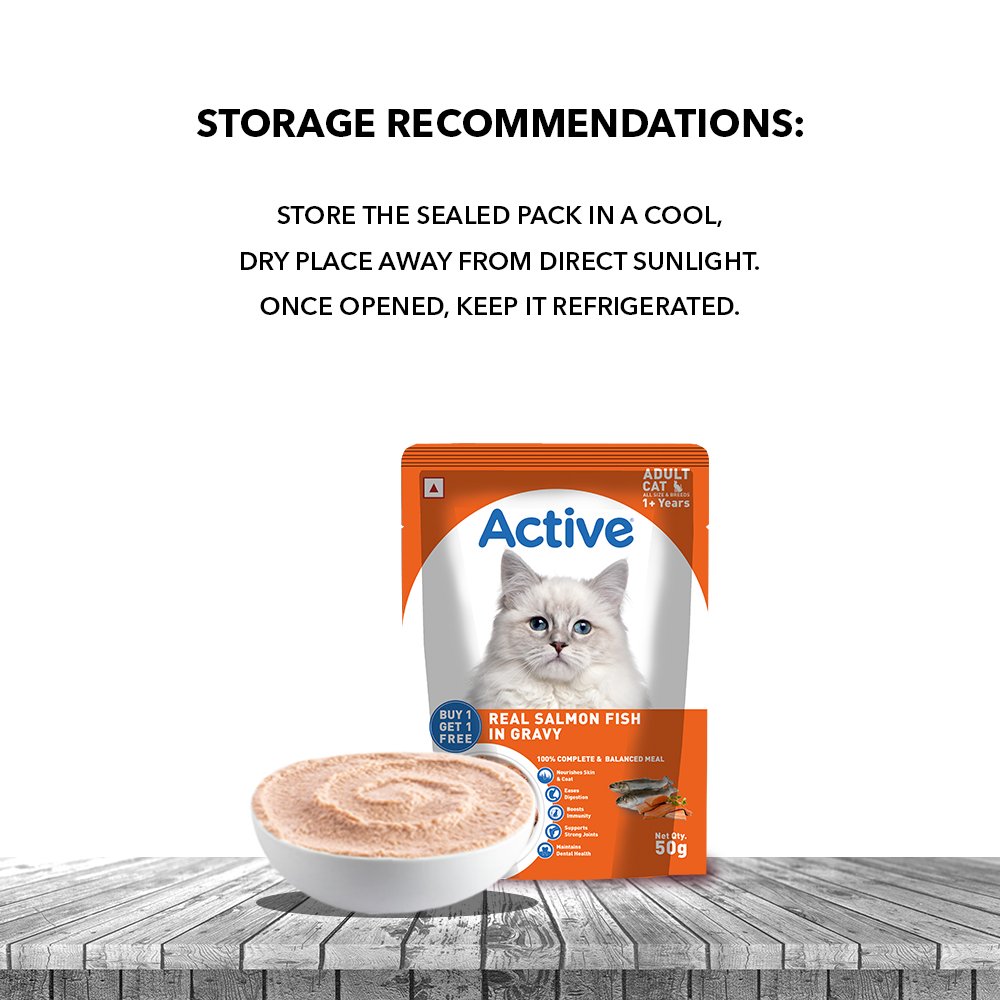 Active Adult Cat Wet Food, Real Salmon Fish in Gravy, 8 Pouches, 50g x 8 (Buy 1 Get 1 Free )