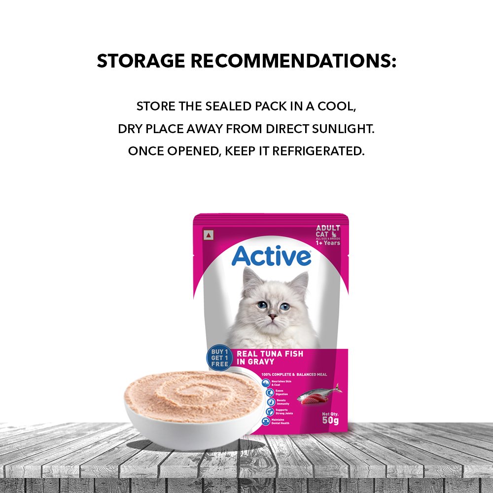 Active Adult Cat Wet Food, Real Tuna in Gravy, 8 Pouches, 50g x 8 (Buy 1 Get 1 Free )