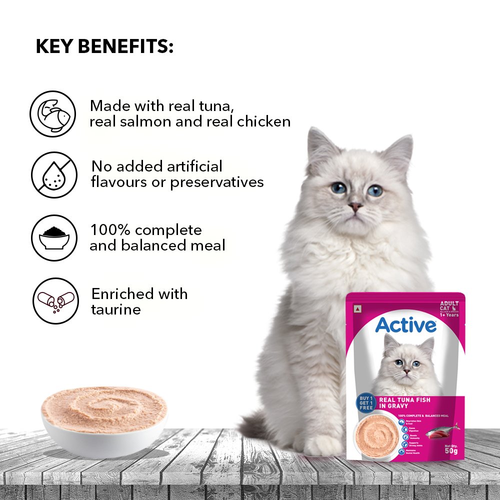 Active Adult Cat Wet Food, Real Tuna in Gravy, 8 Pouches, 50g x 8 (Buy 1 Get 1 Free )