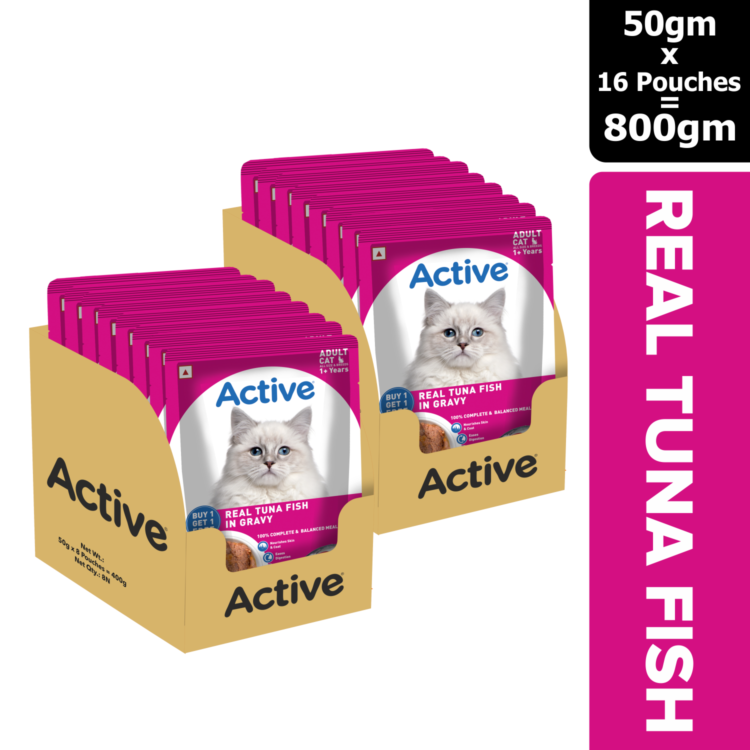 Active Adult Cat Wet Food, Real Tuna in Gravy, 8 Pouches, 50g x 8 (Buy 1 Get 1 Free )